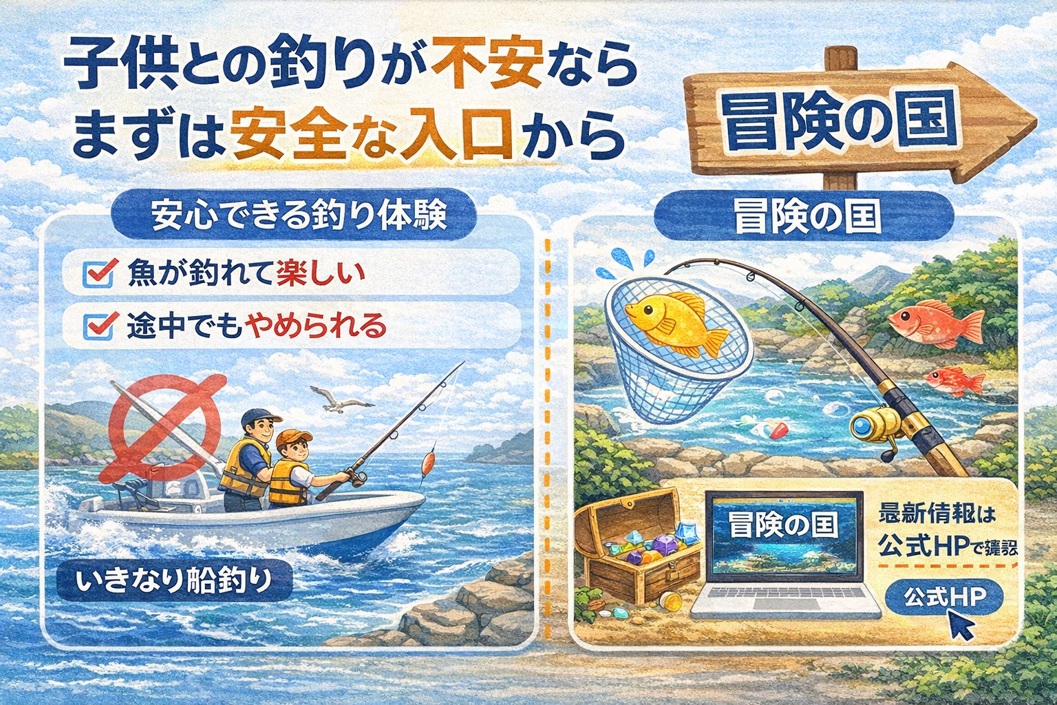 子供との釣りが不安な場合に、いきなり船釣りをする不安なイメージと、冒険の国で安心して釣り体験ができる様子を対比して表した図解イラスト