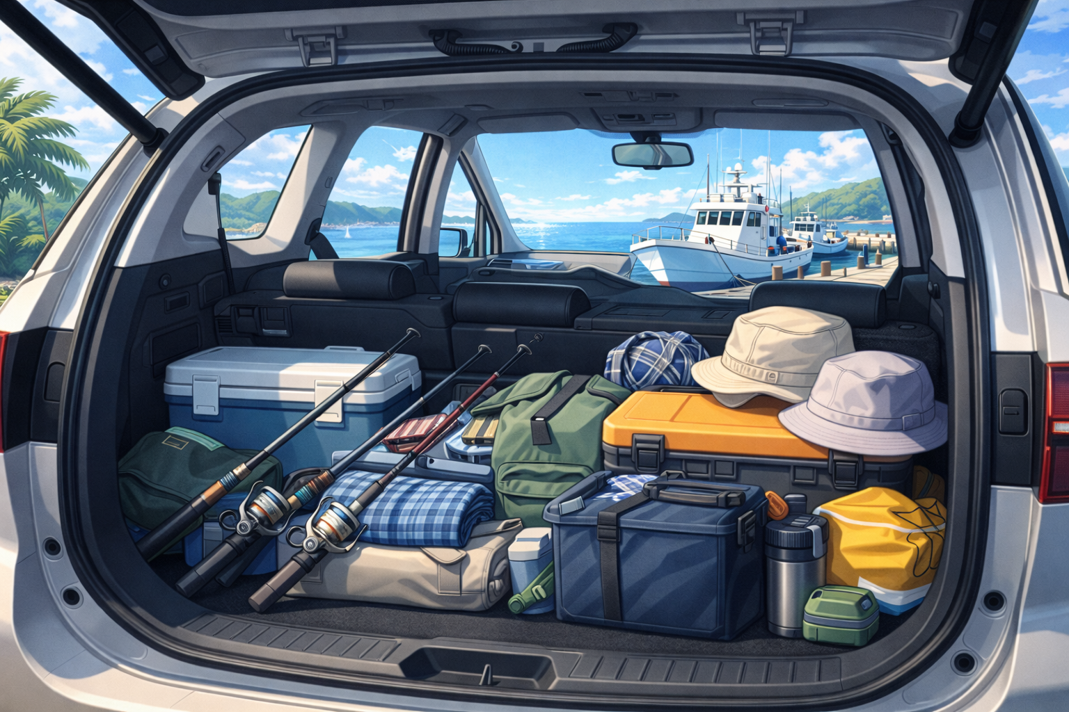 港に停めた車のトランクを開けた様子。二人分の釣竿やクーラーボックス、タックルケース、帽子などの釣具が整理されて積まれており、奥には海と釣船が見えるイラスト。