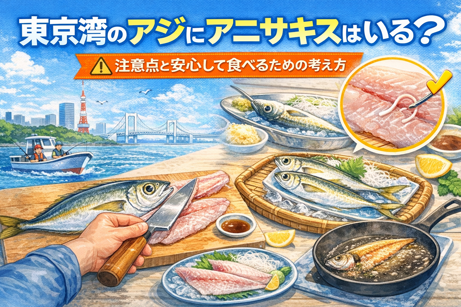 東京湾で釣れたアジを調理する様子と、アニサキスの注意点を図解で示したイラスト