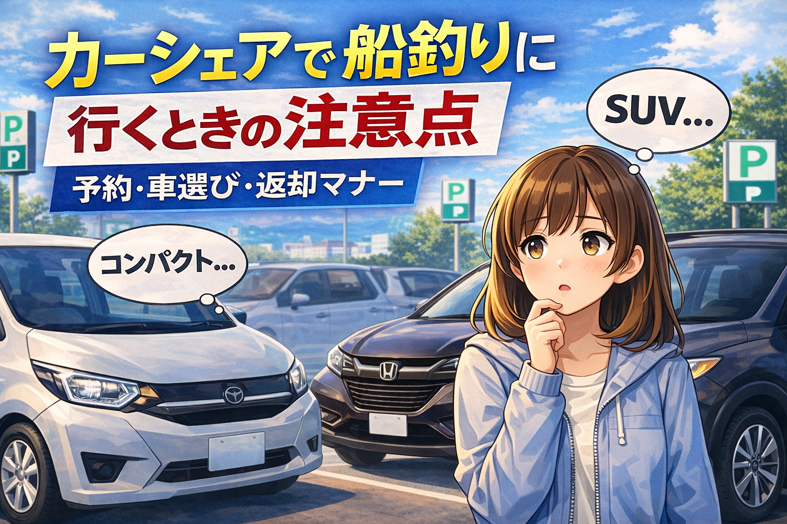 カーシェアの駐車場で、コンパクトカーとSUVを前にどの車を選ぶか悩んでいる初心者の女性。船釣りに行く準備として、車選びの注意点を考えている様子。