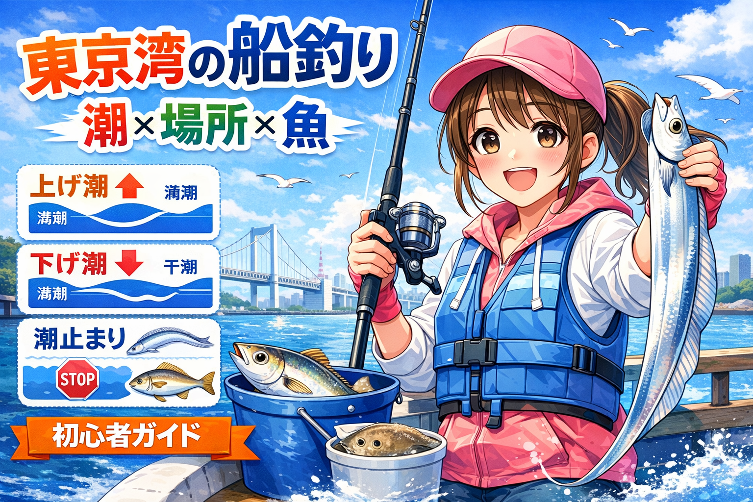 東京湾の船釣りをテーマに、ピンクの帽子をかぶった女の子が船の上で釣り竿とタチウオを持ち、背景にレインボーブリッジと湾内の景色、左側に「上げ潮・下げ潮・潮止まり」と場所の考え方を図解した初心者向けガイドイラスト
