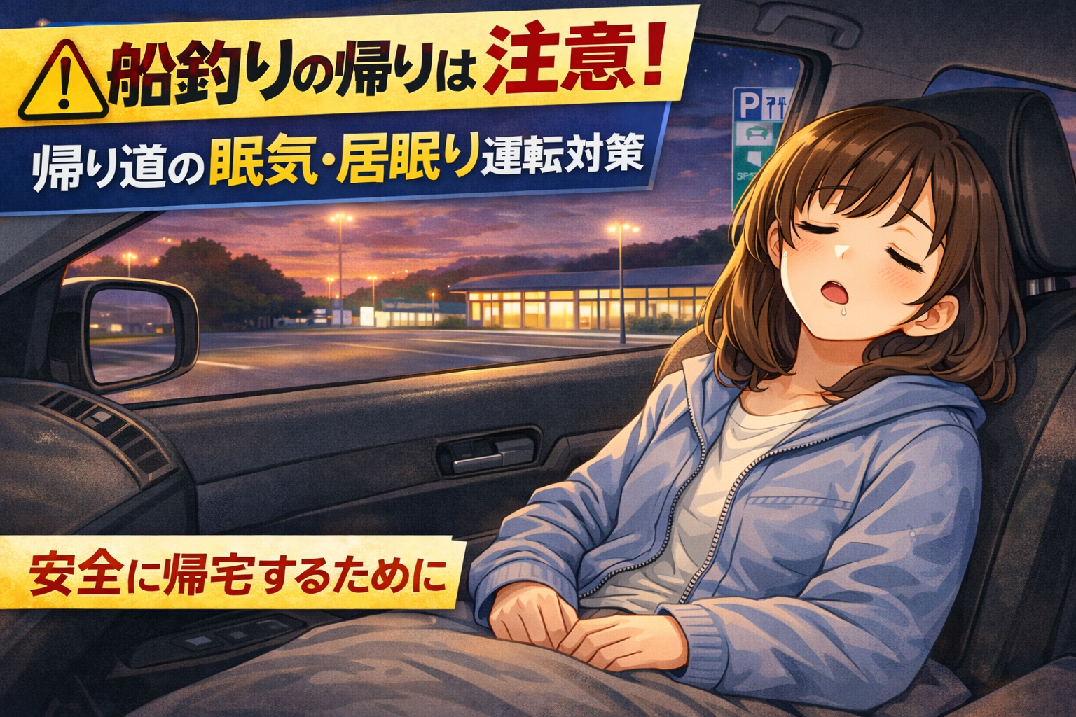 船釣りの帰り道、サービスエリアの駐車場に車を停めてシートを倒し、休憩を取りながら眠る初心者の女性を描いたイラスト。帰宅時の眠気対策と安全運転の大切さを伝えるアイキャッチ画像。