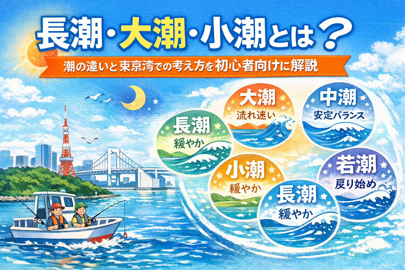 東京湾を背景に、長潮・大潮・中潮・小潮・若潮の周期と特徴を円形図で示した潮の図解イラスト